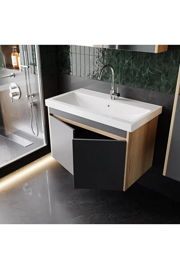 Dallas 80 Cm Lavabolu, Aynalı, Banyo Dolabı, Lavabo Dahil Boy Dolabı Dahil S.meşe-antrasit